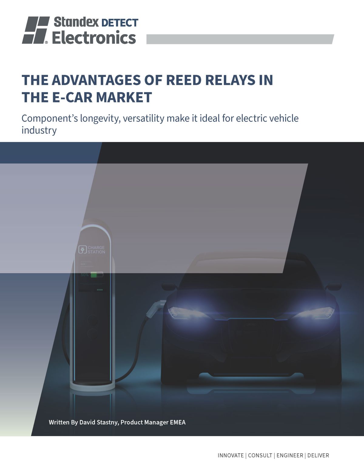 Cover page featuring the title The Advantages of Reed Relays in the E-Car Market, with an illustration of an electric vehicle charging at a station, highlighting the role of Reed Relay technology, and the Standex Electronics logo at the top. by Standex Detect