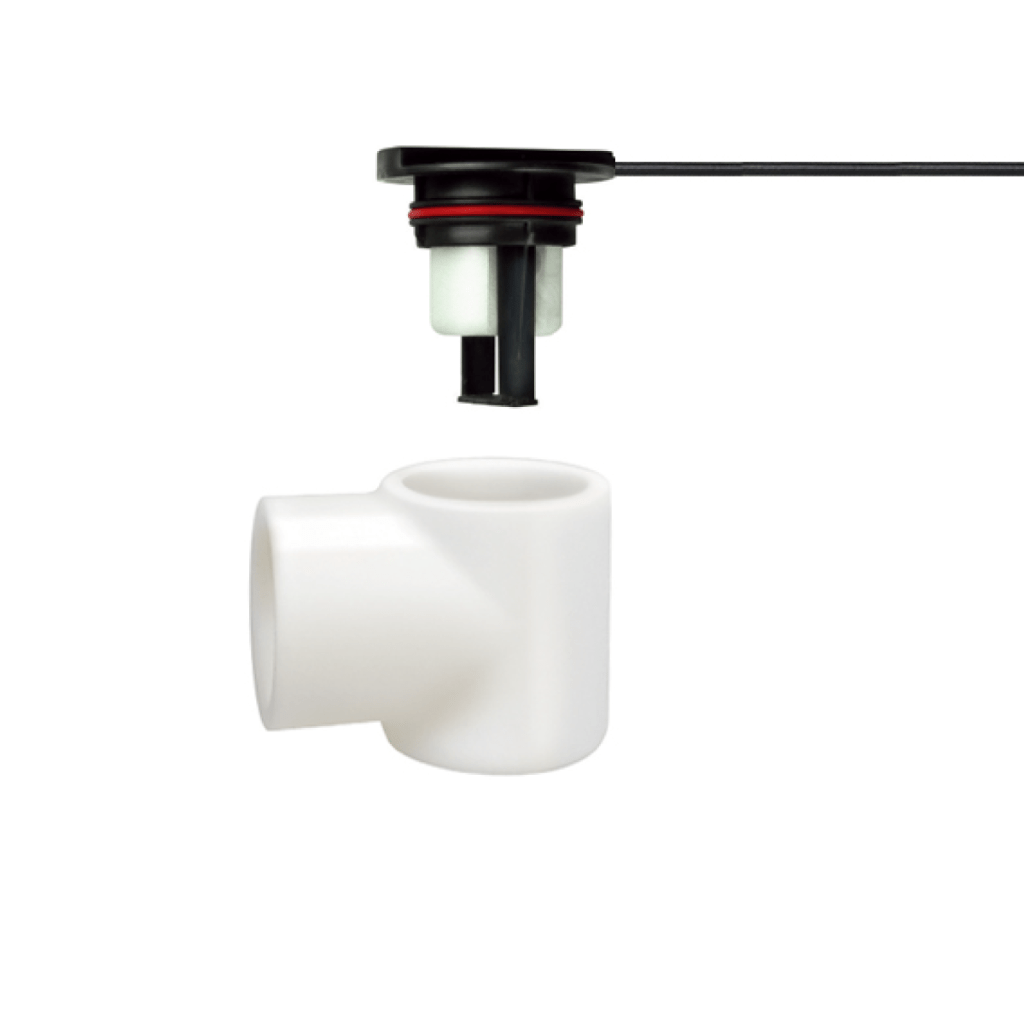 A black and white Liquid Level Sensor with a wire, part of the FPS-L Series, is positioned above a white plastic pipe fitting shaped like a T, both set against a white background. by Standex Detect