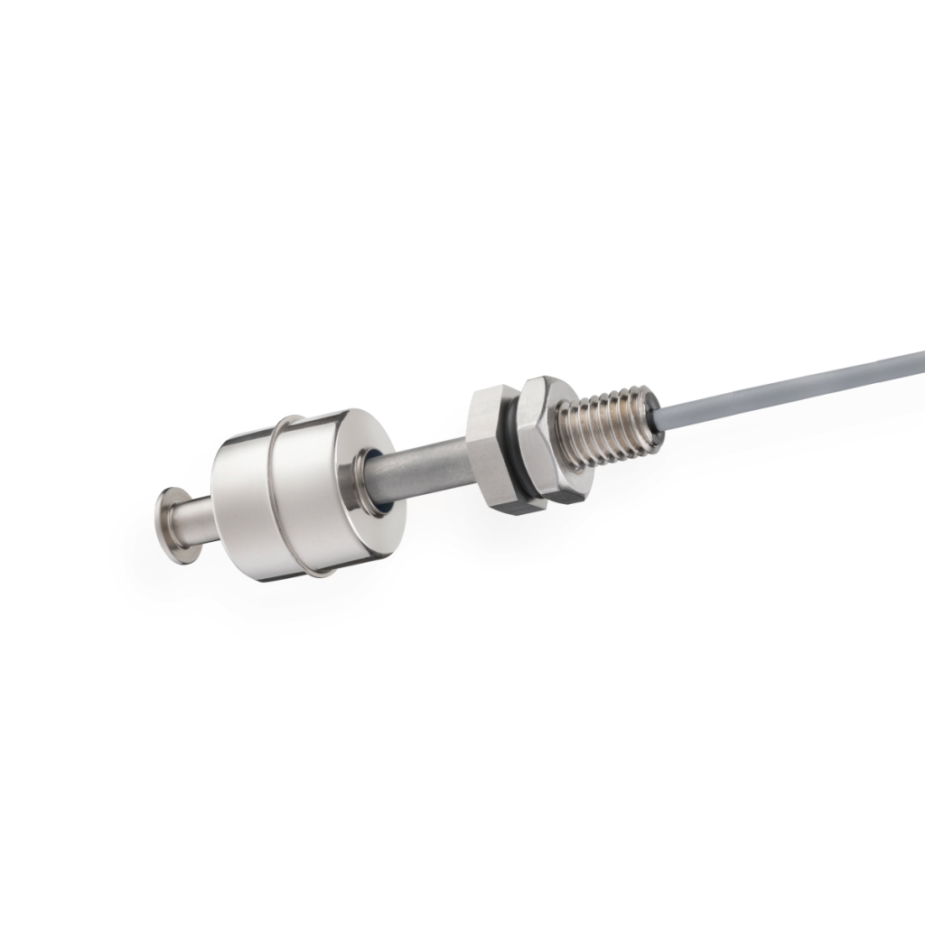 A close-up view of an LS02-S Series Liquid Level Sensor featuring a metallic cylindrical probe with a threaded section, hex nut, and a gray cable extending from one end, isolated on a white background. by Standex Detect
