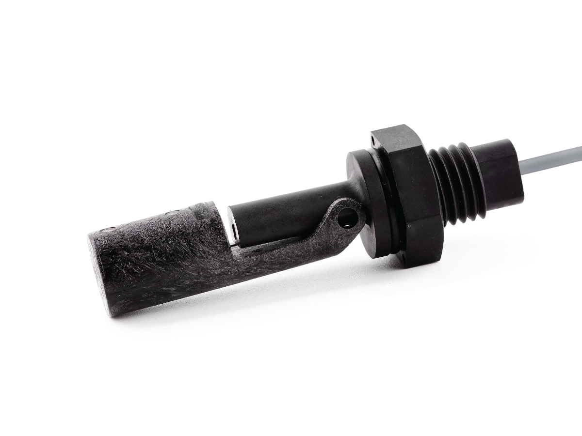 A close-up of an industrial black plastic LS03 Series Liquid Level Sensor with a threaded mounting section and a cylindrical probe tip, isolated on a white background. by Standex Detect