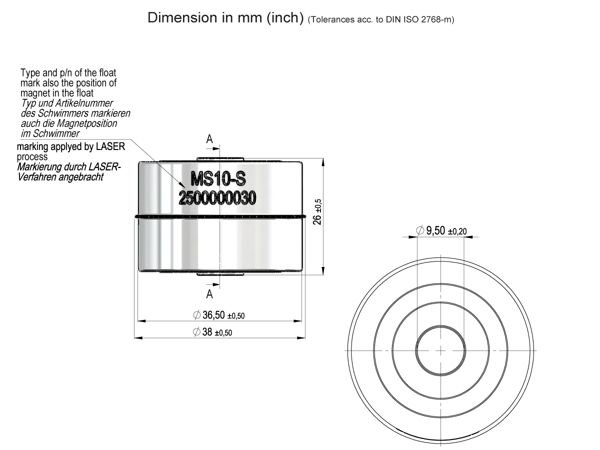 Technical drawing of a Magnetic Float, MS10-S Series (2500000030), cylindrical component: 36.50 mm height, 50.40 mm diameter; includes front/top views with German/English annotation about the markings. by Standex Detect