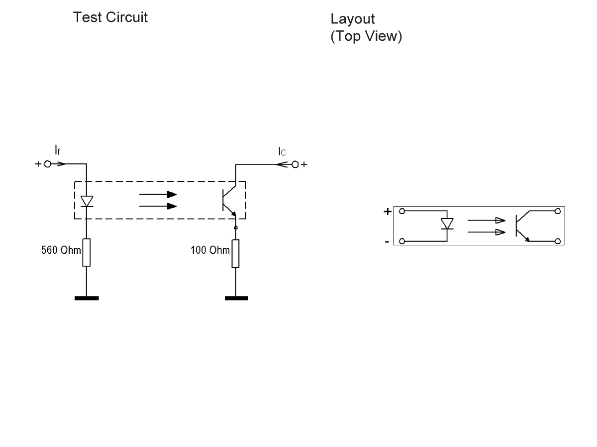 Diagram showing a test circuit for a 530-03 series optocoupler with a 560-ohm input resistor, a 100-ohm output resistor, and a top-view layout of the 530-03 Series Optocoupler connections. by Standex Detect