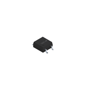 A small black integrated circuit chip with four silver pins, two on each side, labeled 14214P, resembling an SMP-21 Photo-MOSFET relay, viewed at an angle against a white background. by Standex Detect