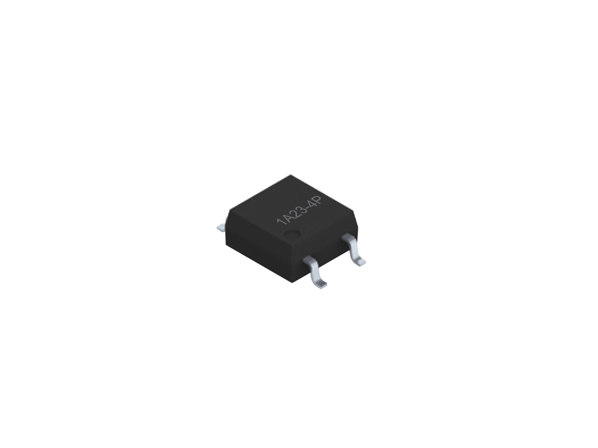 A small black electronic component with four metal pins, labeled 1A234P, on a white background. The component appears to be an SMP-23 Photo-MOSFET Relay in a surface-mount package. by Standex Detect
