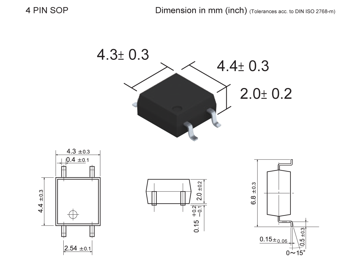 A 4-pin SOP Photo-MOSFET Relay, SMP-31, with dimensional diagrams showing measurements: 4.3±0.3 mm width, 4.4±0.3 mm length, and 2.0±0.2 mm height. Includes top, side, and front technical views. by Standex Detect