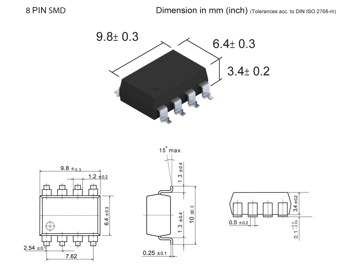 Technical drawing of an 8-pin SMP-38 SMD Photo-MOSFET Relay with dimensions in millimeters; top, side, and angled views illustrate measurements and pin layout. by Standex Detect