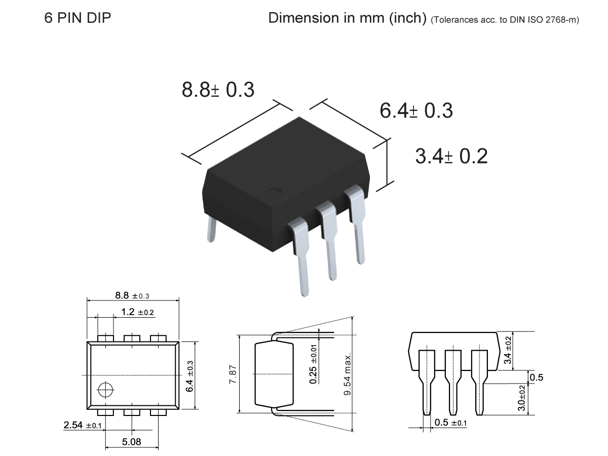 3D and technical drawings of the SMP-40 Photo-MOSFET Relay 6-pin DIP electronic component, showing dimensions in millimeters and inches, with top, side, and front views for accurate size reference. by Standex Detect