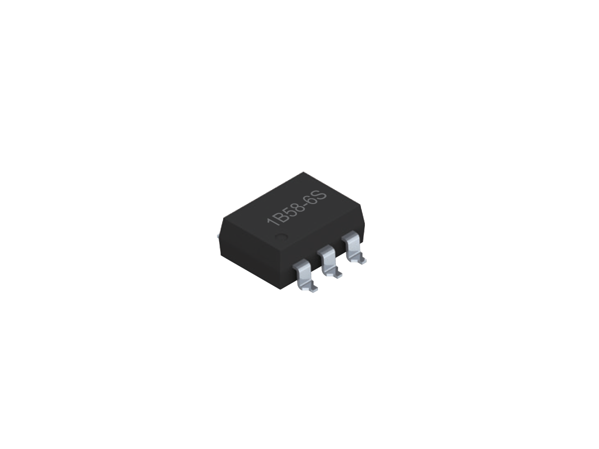 A small black 4-pin integrated circuit chip from the SMP-58 Series, marked 1586GS on its surface, displayed on a white background—ideal for use as a Photo-MOSFET Relay. by Standex Detect