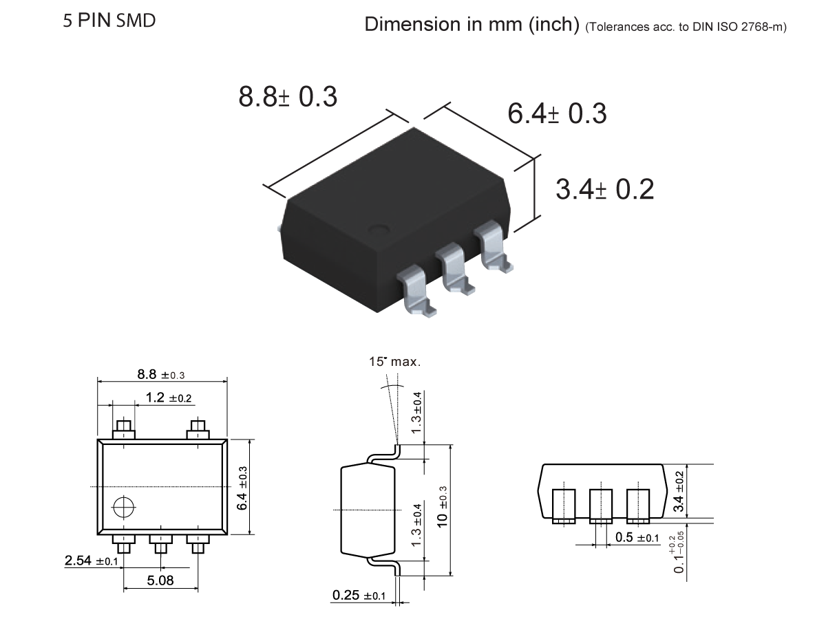 5-pin SMD electronic component from the SMP-58 Series, such as a MOSFET Relay, with detailed dimensional drawings showing measurements in millimeters, lead placements, and tolerance values from various angles. by Standex Detect