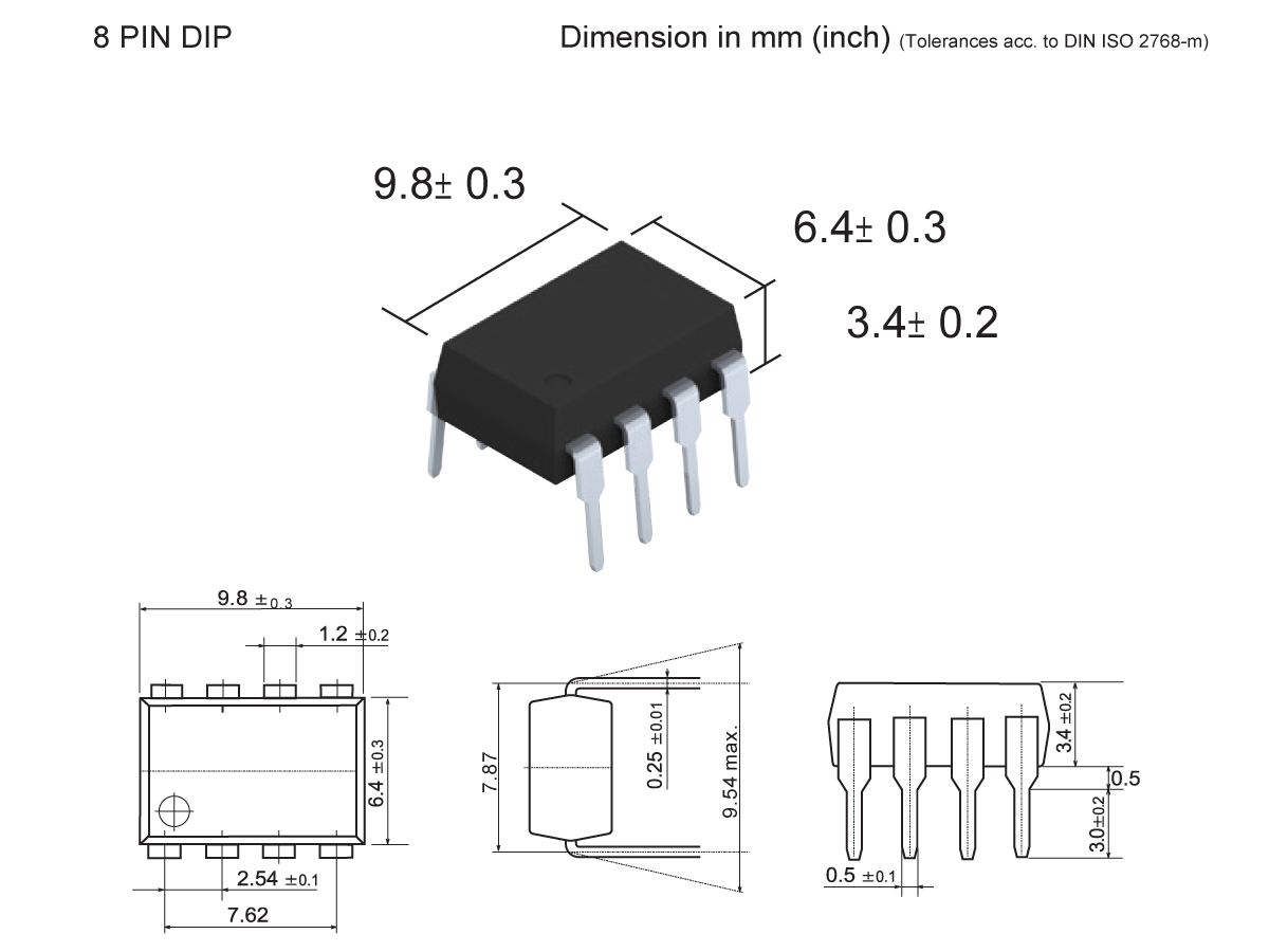 An 8-pin DIP MOSFET Relay (SMP-74) is shown in 3D and from different angles, with dimensions labeled: 9.8×6.4×3.4 mm, and technical drawings detailing pin spacing and package size in millimeters. by Standex Detect