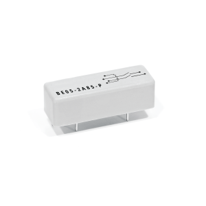 A white rectangular Reed Relay from the BE Series, featuring four metal pins on the bottom, circuit diagram markings, and the label BE05-2485-P printed on top. by Standex Detect