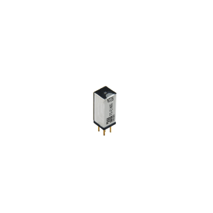 A small rectangular FS Series Reed Relay with a white and black casing, standing upright on three gold pins, isolated on a white background. by Standex Detect