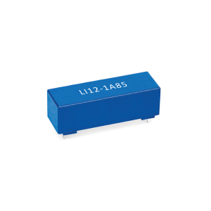 A blue rectangular electronic component from the LI Series with four metal pins and white text L112-1A85 printed on top, set against a white background—an example of a high-quality LI Series Reed Relay. by Standex Detect