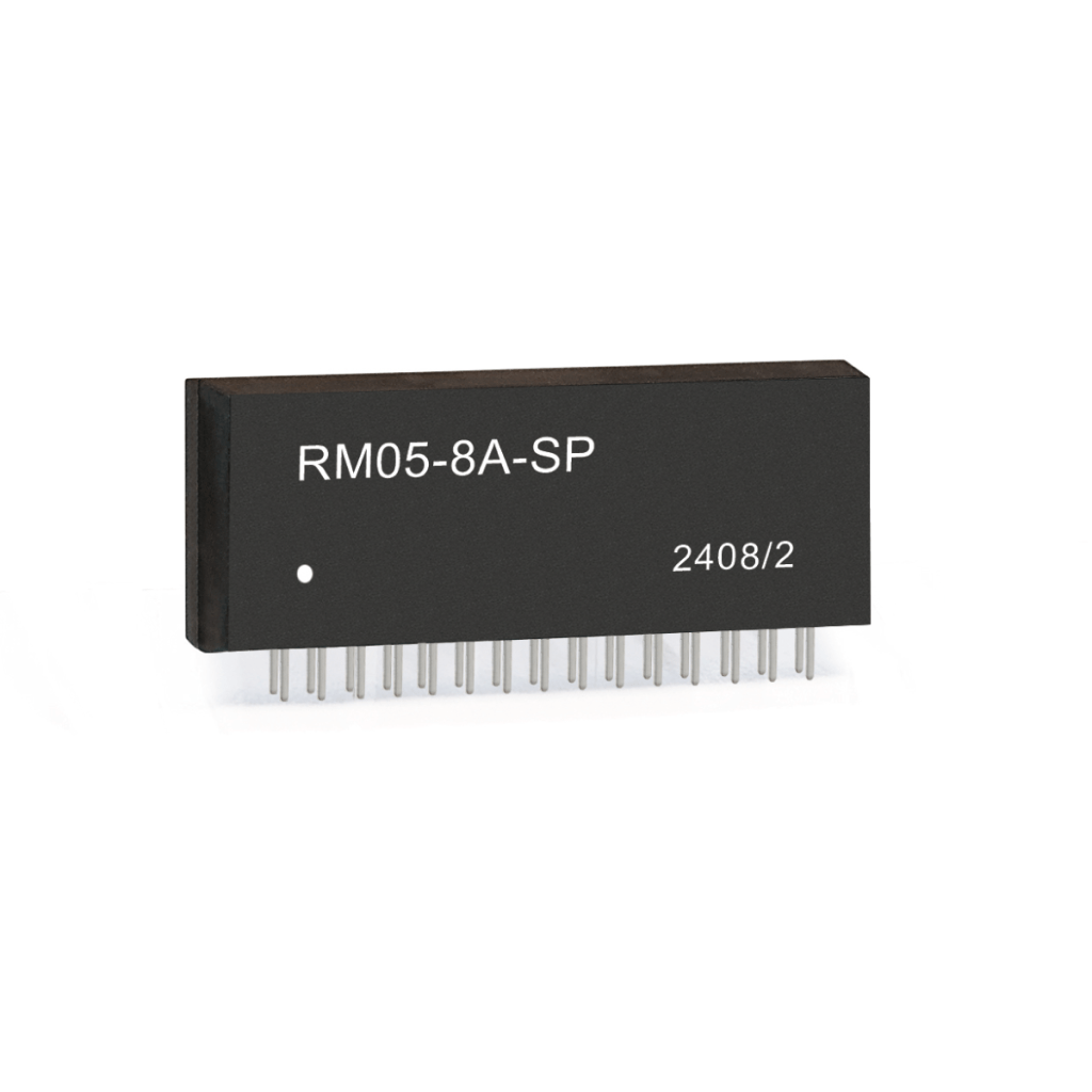 A black electronic integrated circuit chip from the RM05-8A-SP Series, labeled Reed Relay, features multiple metal pins protruding from the bottom and the number 2408/2 printed on the right. by Standex Detect