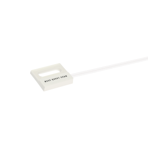 A white rectangular electronic component with a cut-out center, labeled MGS-935YI-50VH, from the MK05 Series Reed Sensor line, attached to two thin white wires extending to the right on a white background. by Standex Detect