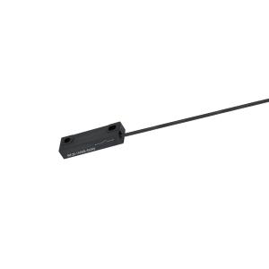 A small, black rectangular MK26 Series reed sensor with two mounting holes, a thin cable extending from one end, and white markings on its surface, isolated on a white background. by Standex Detect