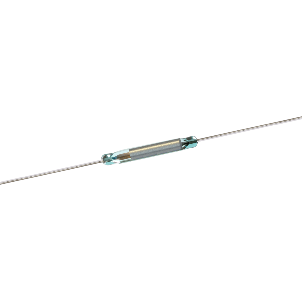 A close-up of a latching reed switch with metal leads extending from both ends, isolated on a white background. by Standex Detect