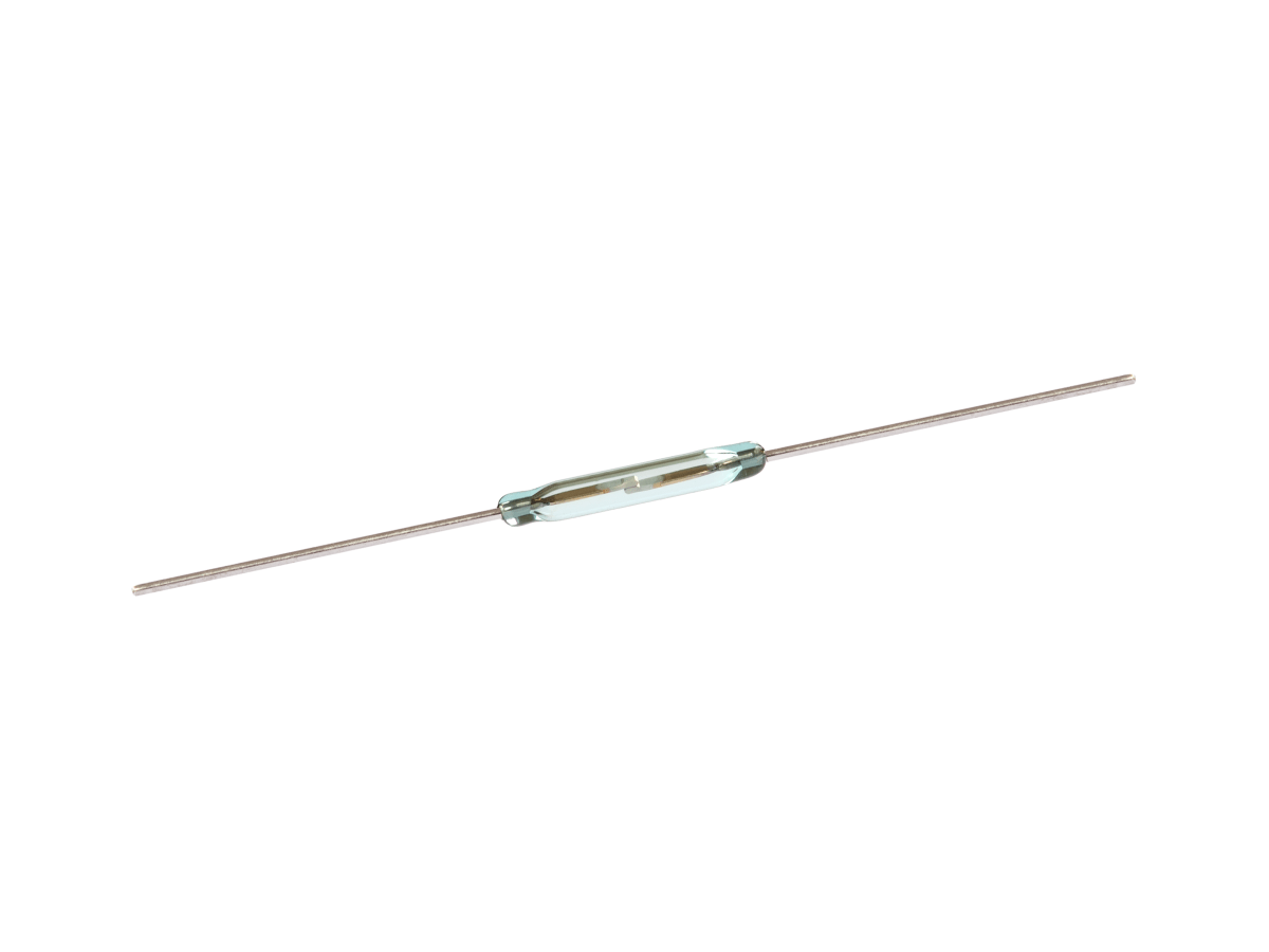 A small glass Reed Switch with thin metal wires extending from both ends, used as an electrical switch operated by a magnetic field. Part of the KSK-1A46 Reed Switch Series. by Standex Detect