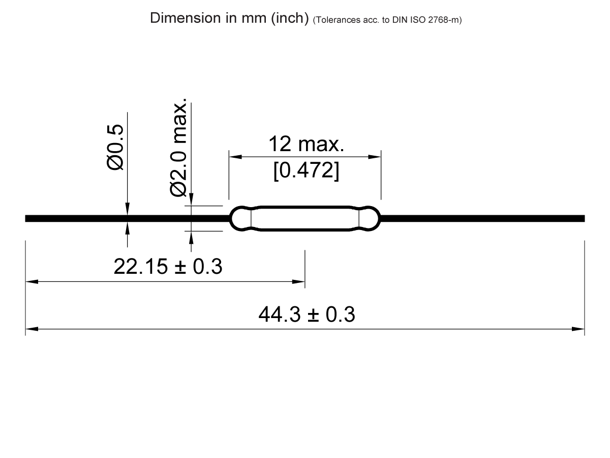 Technical drawing of a KSK-1A46 Series cylindrical reed switch with dimensions: length 44.3 ± 0.3 mm, central length 22.15 ± 0.3 mm, max diameter 2.0 mm, end diameter 0.5 mm, max central width 12 mm (0.472 in). by Standex Detect