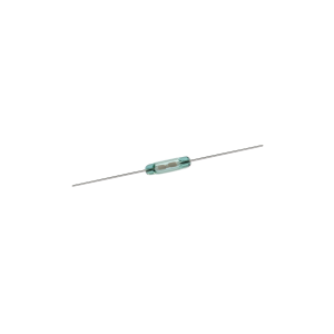 A small glass KSK-1A80 reed switch with two long, thin metal leads extending from each end, positioned horizontally on a white background. by Standex Detect