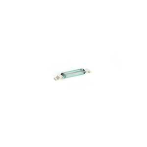 A small glass MK23-35 reed switch with metal caps on each end, placed on a white background. by Standex Detect