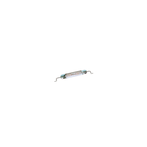 A small MK23-46 glass reed switch with two bent metal leads on either side, displayed on a white background. by Standex Detect