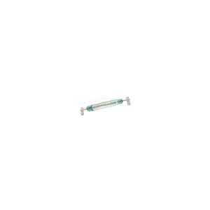 A small glass fuse, resembling a Surface Mount Reed Switch MK33-87, with metal caps on both ends, lies horizontally against a white background. by Standex Detect