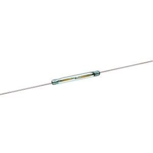 A glass-encased cylindrical Reed Switch from the ORD229 Series, with metal leads extending from both ends, shown against a white background. by Standex Detect