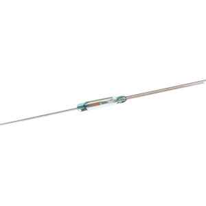Close-up image of an ORT551 Series Reed Switch with metal leads extending from both ends, isolated on a white background. The switch’s internal contacts are visible inside the glass tube. by Standex Detect