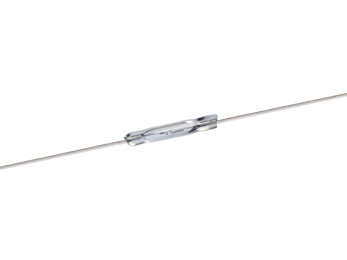 A close-up of a thin, metallic wire secured with a small, transparent connector—featuring the PR126 Series Reed Switch—in the center, isolated on a white background. by Standex Detect