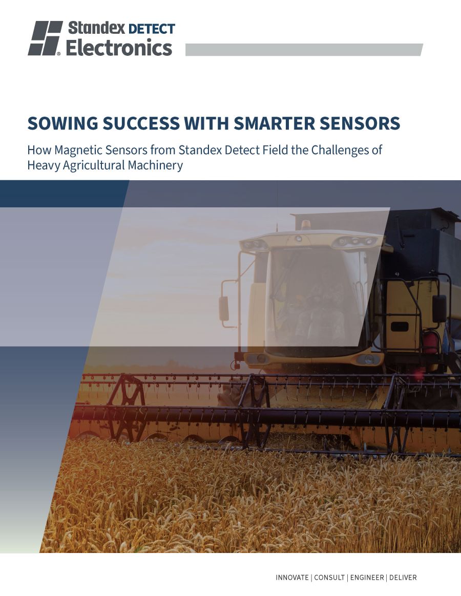 A large yellow agricultural harvester moves through a golden wheat field at sunset. Text reads: Sowing Success with Smarter Sensors. How magnetic sensors from Standex Electronics field the challenges of heavy agricultural machinery. by Standex Detect