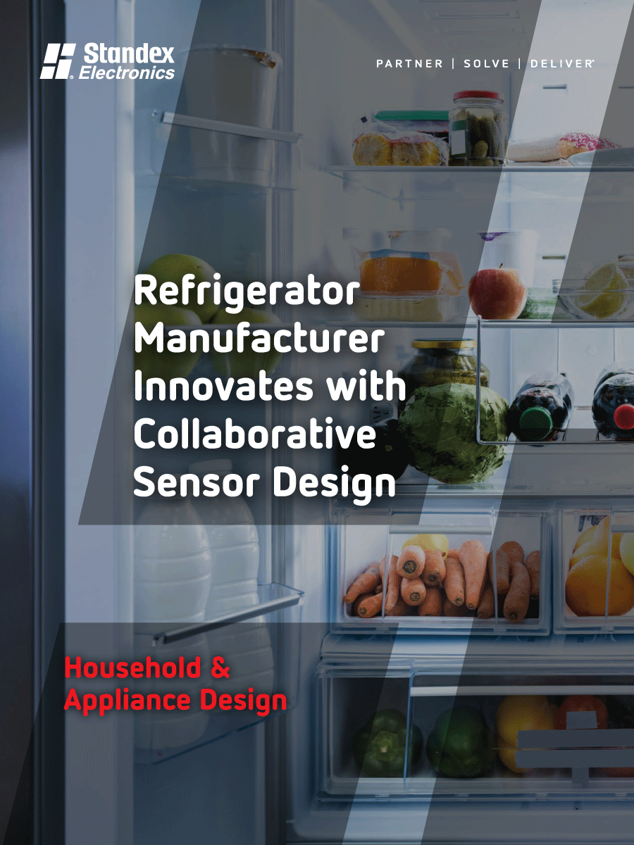 A refrigerator filled with various fruits and vegetables is shown with overlaid text promoting Standex Electronics and collaborative sensor design for household and appliance design. by Standex Detect