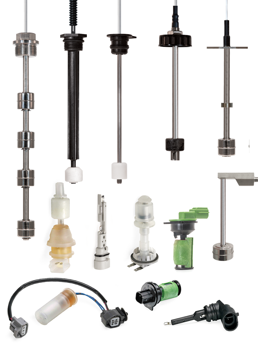 A collection of various industrial float level sensors and switches, including custom sensors, shown in different shapes, sizes, and materials, with electronic components and connectors visible at the bottom. by Standex Detect