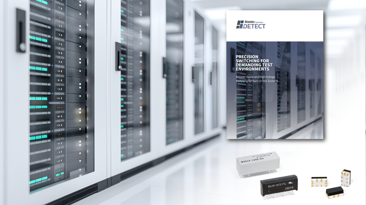 A modern server room with rows of racks and a brochure titled Precision Switching for Demanding Test Environments. Several electronic components, including Standex Detect solutions, are displayed in the foreground. by Standex Detect