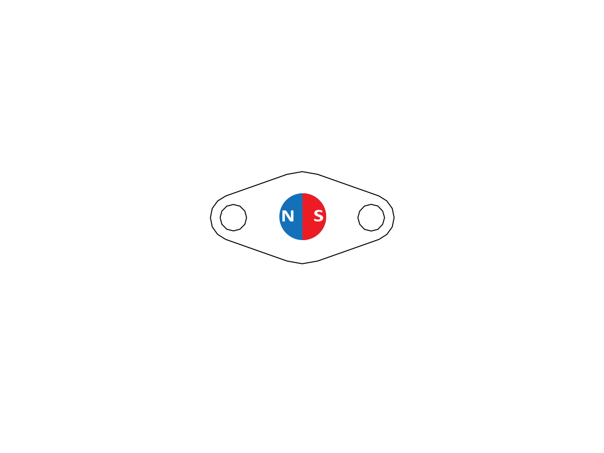 A simple line drawing of a small, oval-shaped object with two holes on either side. In the center, a circle—split into blue (N) and red (S) halves—represents an AM Series Magnet. by Standex Detect