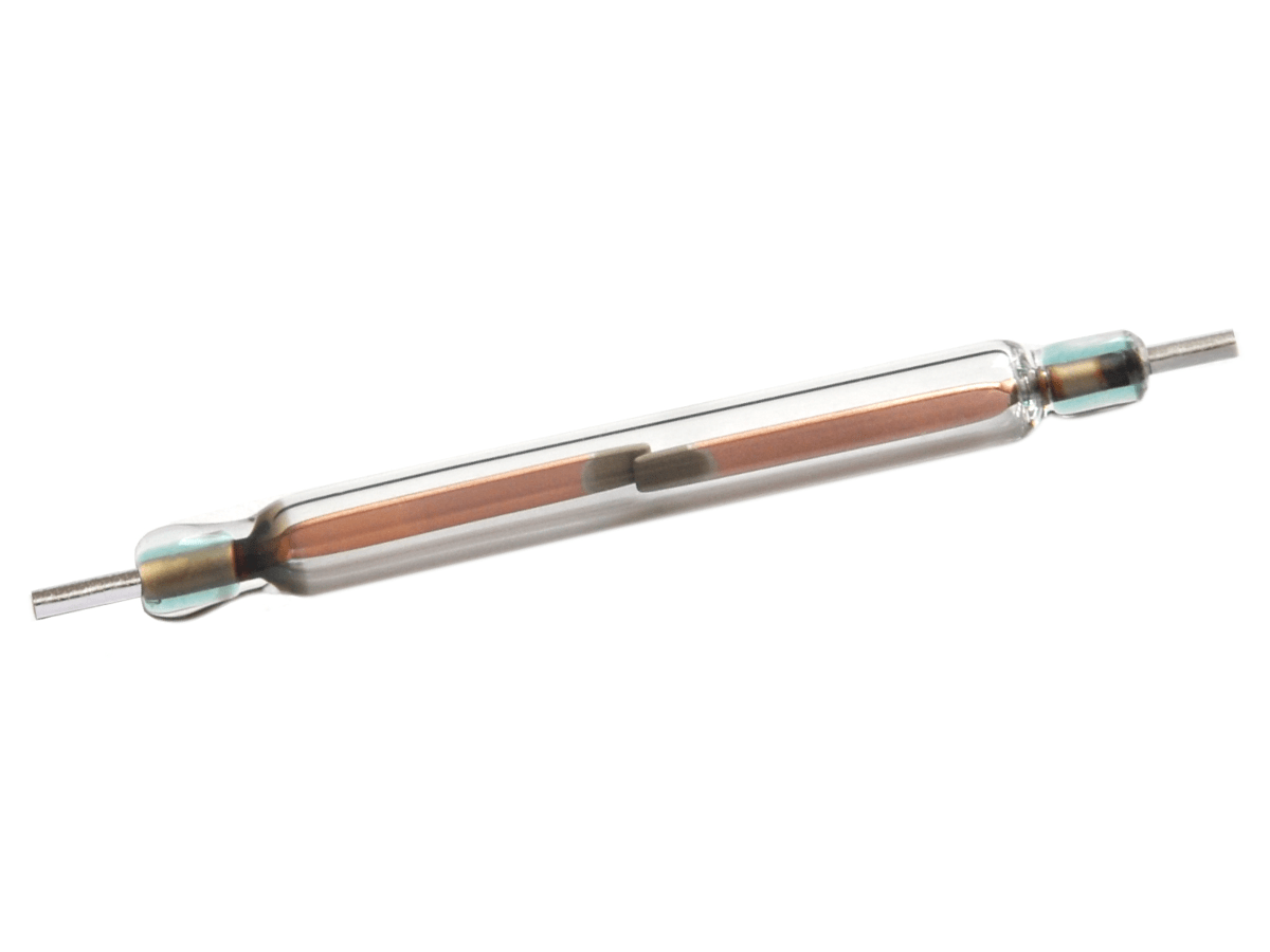 A close-up of a KSK-1A53 Reed Switch, featuring a small glass tube with metal ends and a thin metal strip inside, isolated on a white background. by Standex Detect