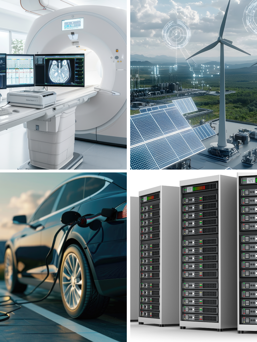 A collage of four images: an MRI scanner, wind turbines with solar panels, custom relays in an electric car charging station, and rows of data servers in a server room. by Standex Detect