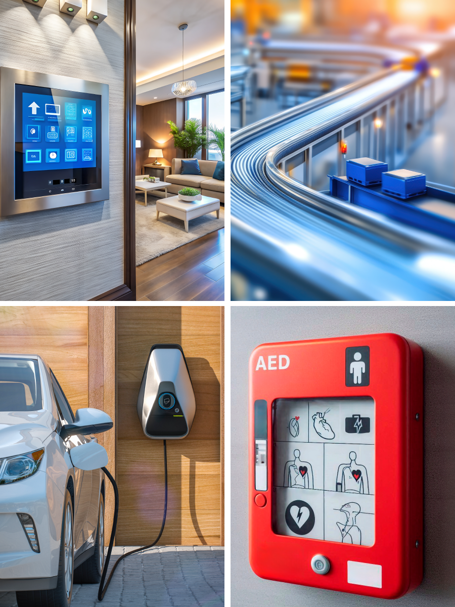 A collage of four images: a smart home control panel featuring custom sensors, a model of an automated factory with conveyors, an electric car charging at a station, and a wall-mounted AED defibrillator. by Standex Detect