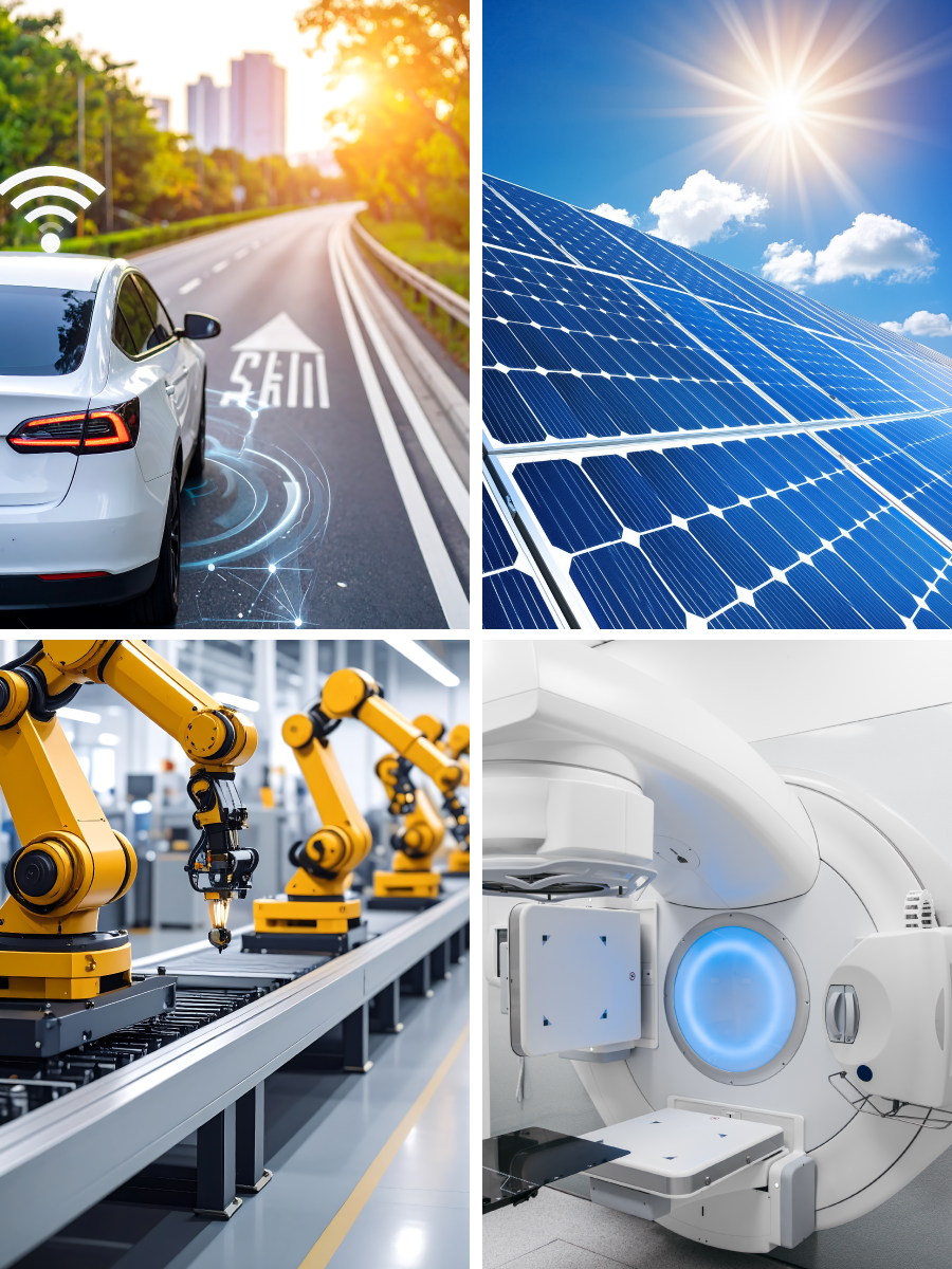 A collage of four images: a self-driving car on a road, solar panels under sunlight, robotic arms—integrating Custom Reed Switches—assembling products in a factory, and a modern medical imaging or radiation therapy machine in a hospital room. by Standex Detect