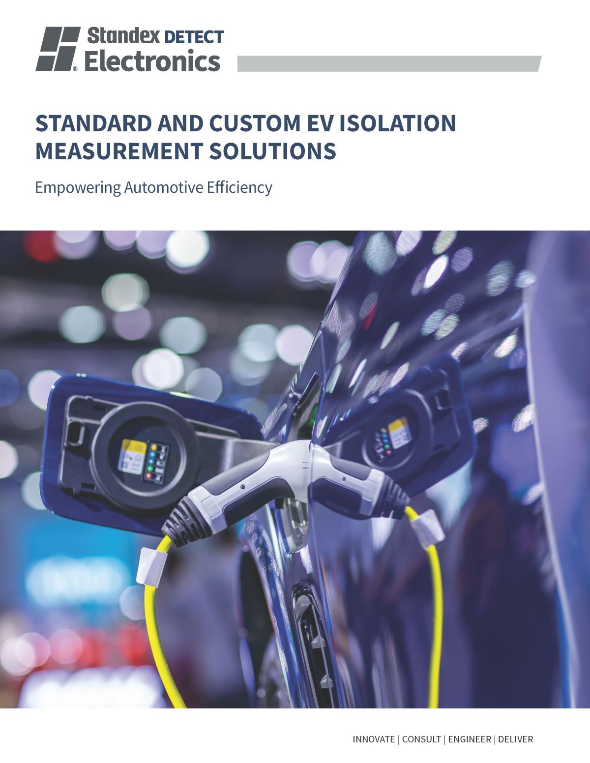 Close-up of EV charging port being plugged in, with blurred lights in the background. Text overlays read Standard & Custom EV Isolation Measurement Solutions and Empowering Automotive Efficiency. Standex Electronics logo is at top left. by Standex Detect
