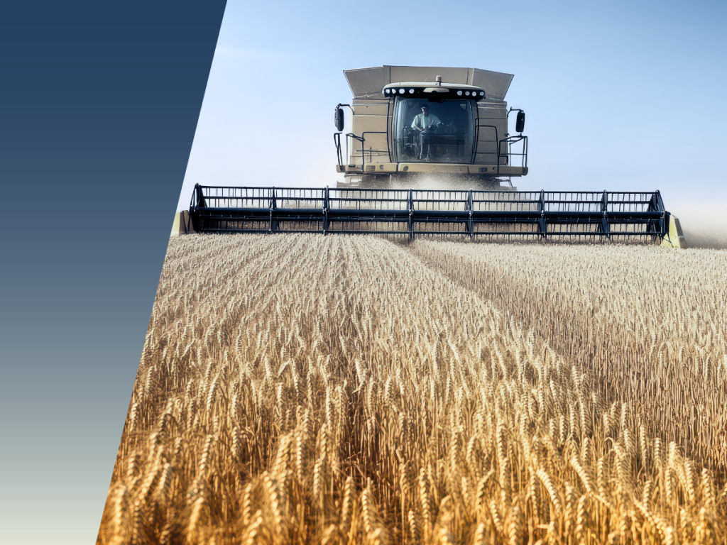 A large combine harvester, essential for agricultural applications, moves through a golden wheat field under a clear blue sky. Tall wheat heads fill the foreground as the machine appears centered, facing the viewer. by Standex Detect