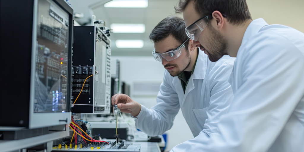 Two scientists in white lab coats and safety glasses work with electronic equipment and circuit boards in a laboratory, closely examining connections and components as they test how sensors deliver reliable solutions in demanding agricultural applications. by Standex Detect