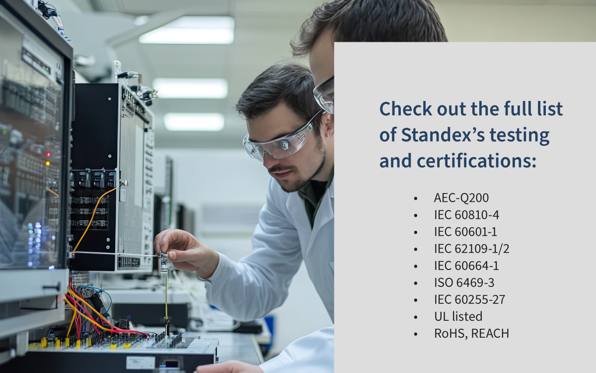 Two engineers in lab coats and safety glasses work with electronic equipment in a laboratory. A text box highlights Standex’s testing and certifications, noting how their reed relays deliver the precision, isolation, and longevity that burn-in systems require.