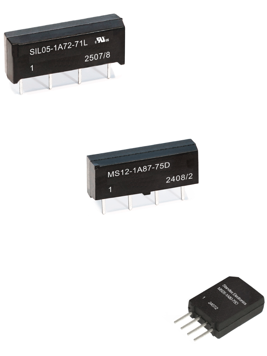 Three through hole reed relays are arranged on a white background. Reflecting how reed relays deliver the precision, isolation, and longevity that burn-in systems require.