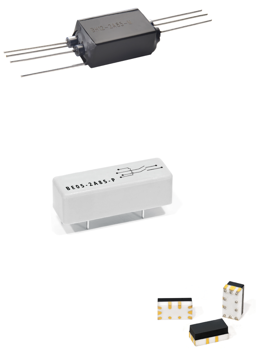 A set of three series of reed relays: a black cylindrical relay with four metal leads, a white rectangular relay with printed text, and two small surface-mount relays—ideal where reed relays deliver the precision, isolation, and longevity that burn-in systems require.