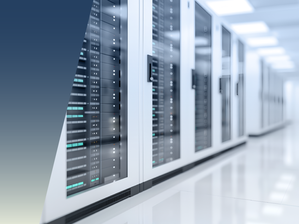 A row of modern server racks with glass doors in a bright, clean data center. Green and blue lights indicate active servers, echoing how sensors deliver reliable solutions in demanding agricultural applications. The floor and walls are reflective white. by Standex Detect