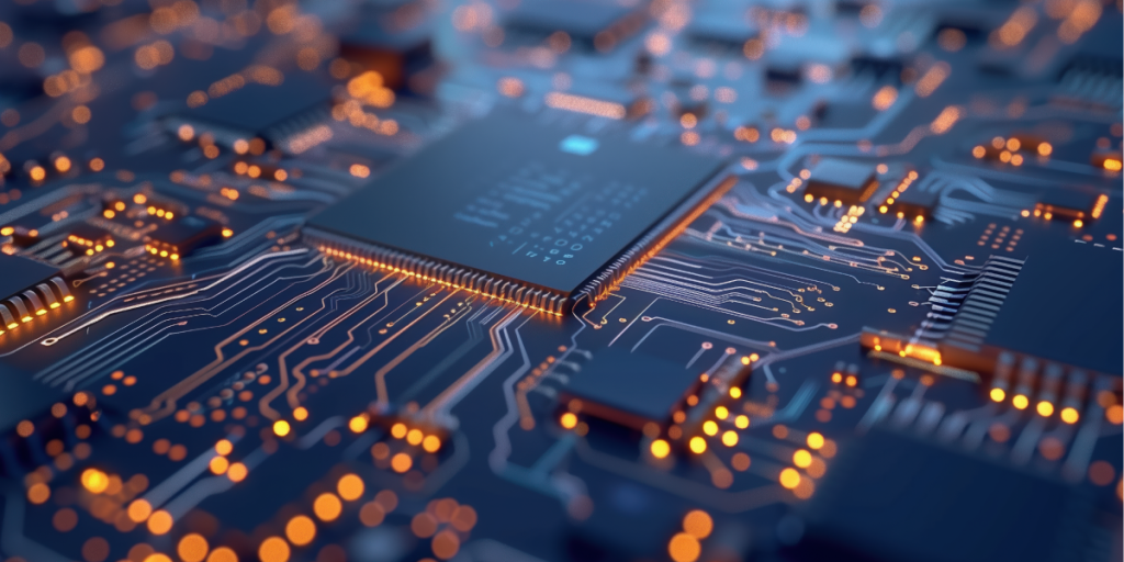 A close-up view of an illuminated computer microchip and circuit board, with glowing orange pathways connecting various components, symbolizing advanced technology, electronics, and High-Pulsed Current Testing. by Standex Detect