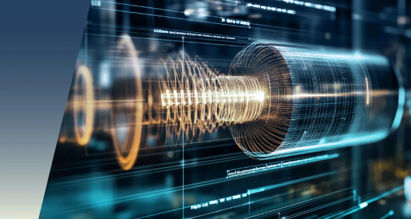 A digital illustration of a cylinder with glowing rings and lines, surrounded by data and code overlays, representing advanced technology like High-Voltage Switching for Burn-In Test Systems in a futuristic style. by Standex Detect
