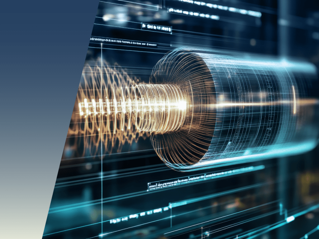 A futuristic digital illustration of a cylindrical device emitting glowing rings, surrounded by technical diagrams and data overlays, suggesting advanced technology or quantum computing. by Standex Detect