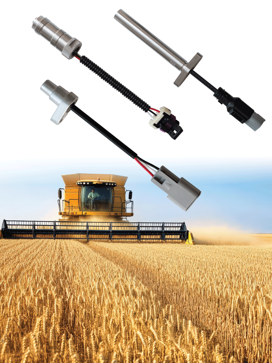 Three electronic sensors are shown above an image of a combine harvester working in a golden wheat field under a blue sky, showcasing the type of advanced technology featured at CONEXPO-CON/AGG. by Standex Detect